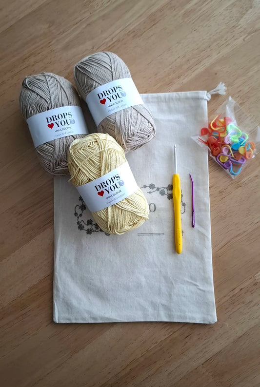 Kit Bucket Hat crochet DROPS Love You 7 - projeto primavera completo com fios e padrão digital